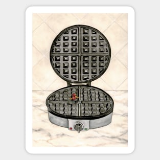 Waffle Iron Backpacking, Surrealist Kitchen Watercolor Painting Sticker